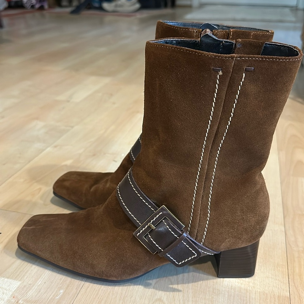 Ecco Brown Suede Square Toe Boots W Size 38